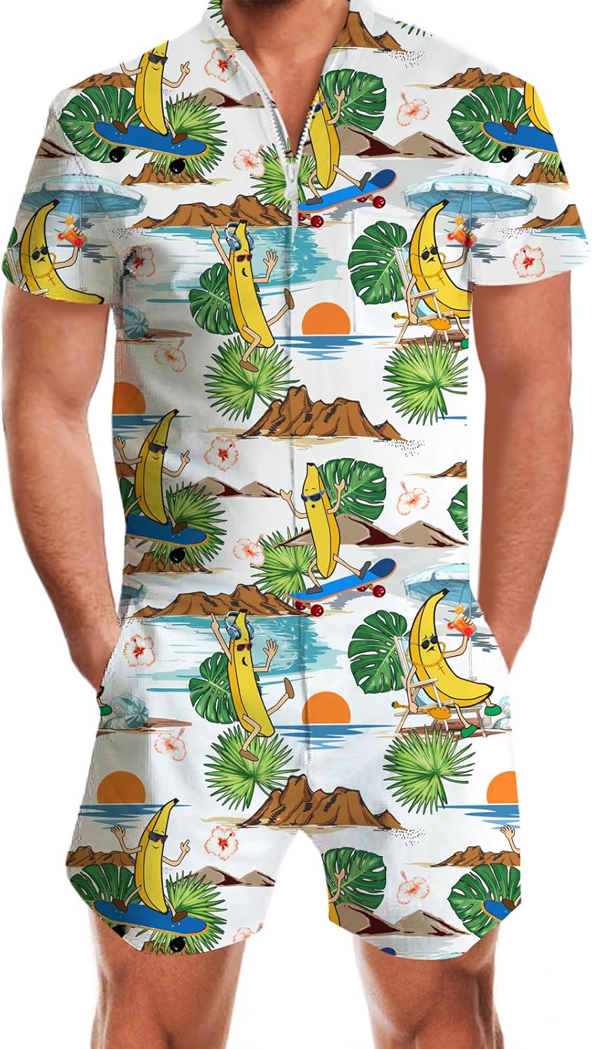 RAISEVERN Men's Rompers Zipper Jumpsuit Shorts One Piece Outfit