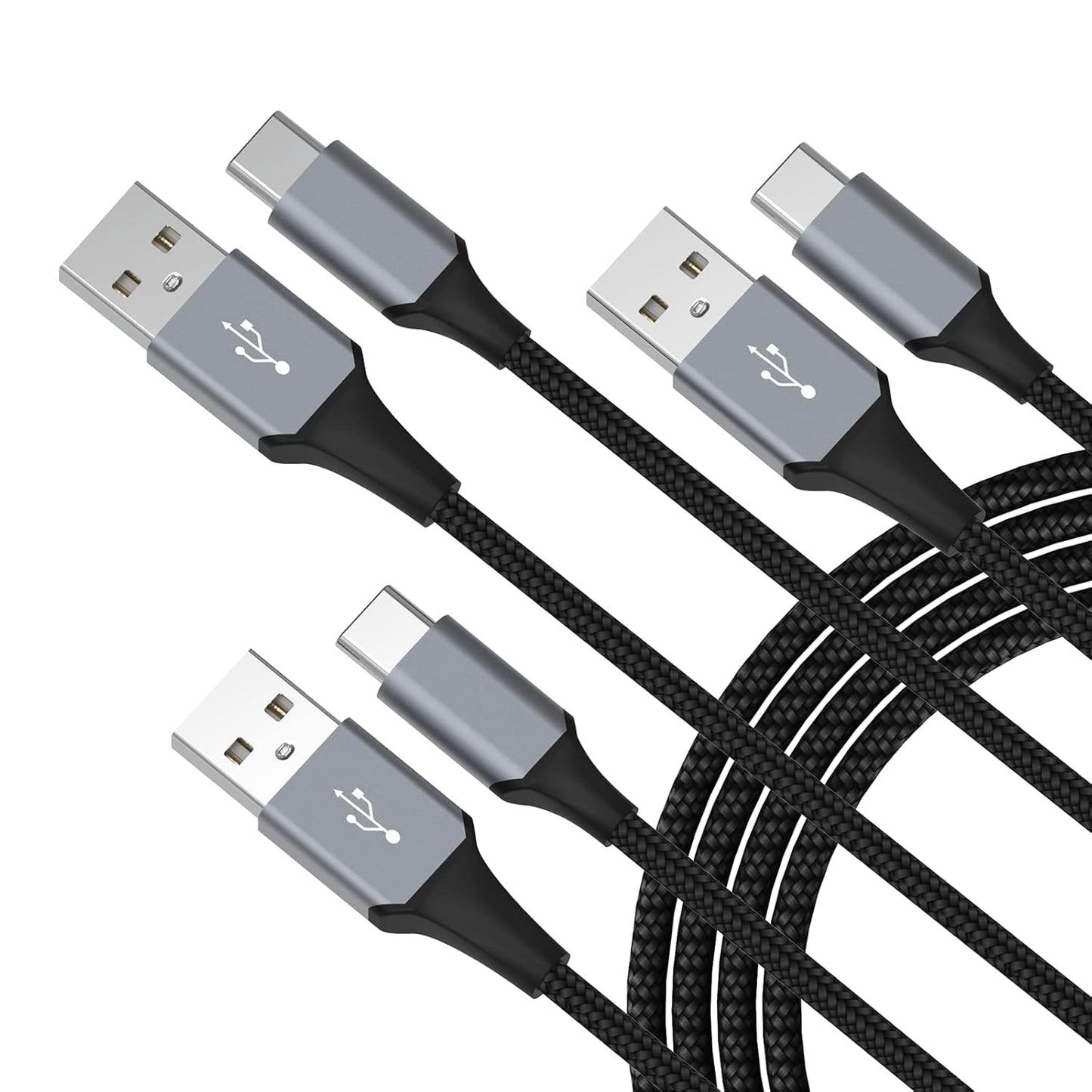 Fast Charge 3-Pack USB C Cables, Nylon Braided Compatibility - Black