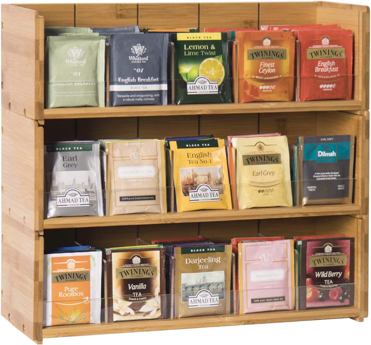 Bamboo Tea Bag Organizer Storage Box for Kitchen and Office