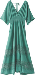 Women's Lace Maxi Dress V Neck Short Sleeve - Boho Smocked Waist made