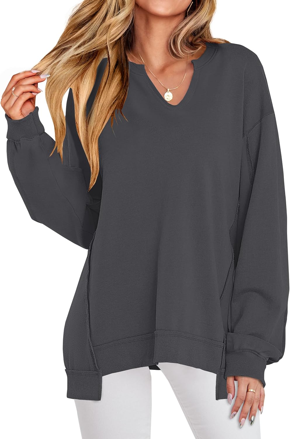 Oversized V-Neck Sweatshirt for Women - Trendy Fall Style