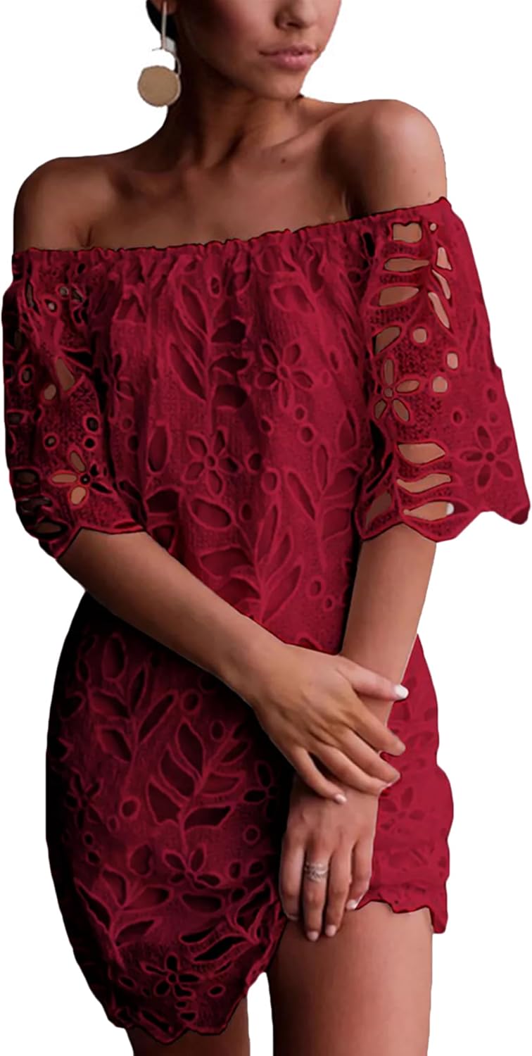 Elegant Off Shoulder Floral Lace Mini Dress for Women