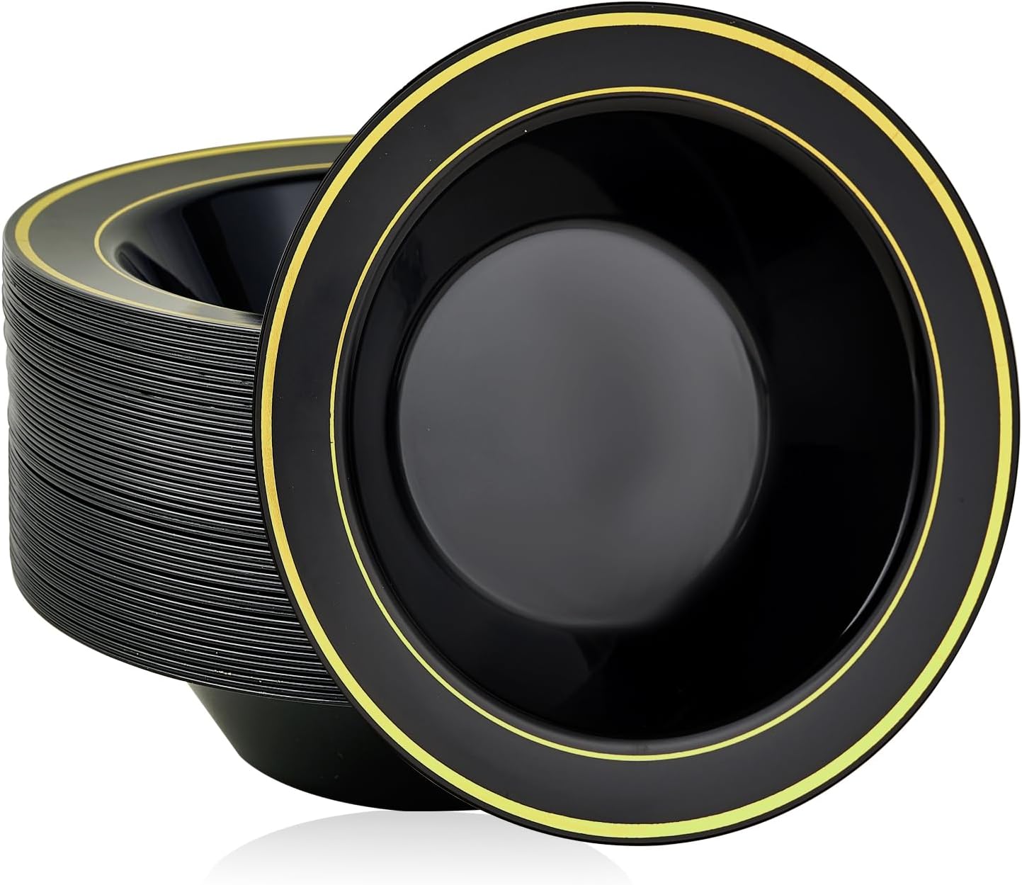 JOLLY PARTY 100PCS Black Plastic Bowls with Gold Rim for Events