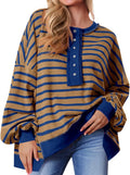 Womens Oversized Striped Henley Sweatshirt - Waffle Knit Comfort