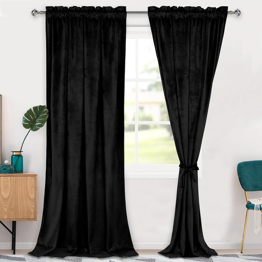 Hiasan Black Velvet Curtains - Luxurious Blackout Drapes 96 in