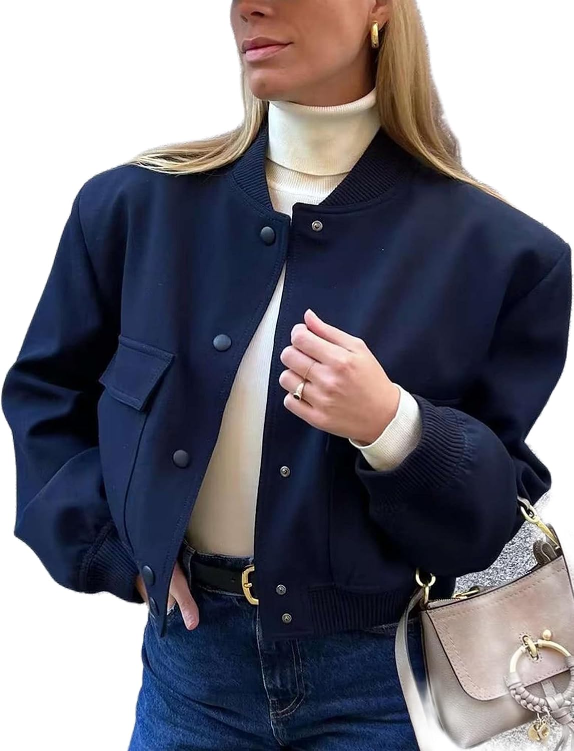 Womens Cropped Bomber Jacket with Button Down Closure and Pockets