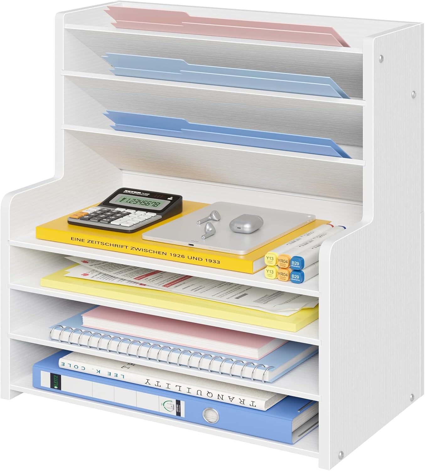 Wood Office Desk File Organizer - 7 Tier Storage Solution