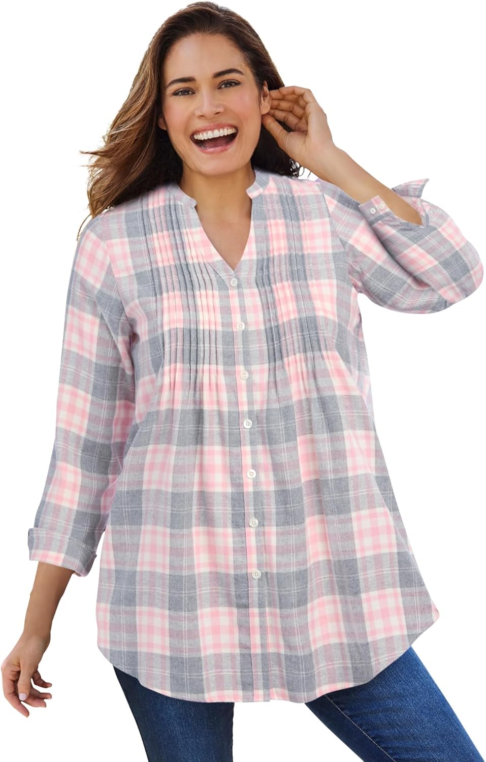 Plus Size Pintucked Flannel Shirt for Modern Comfort
