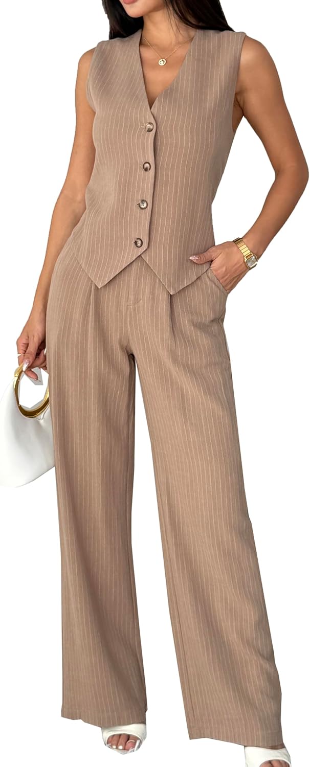 Stylish Women's 2 Piece Outfits Linen Vest and Wide Leg Pants