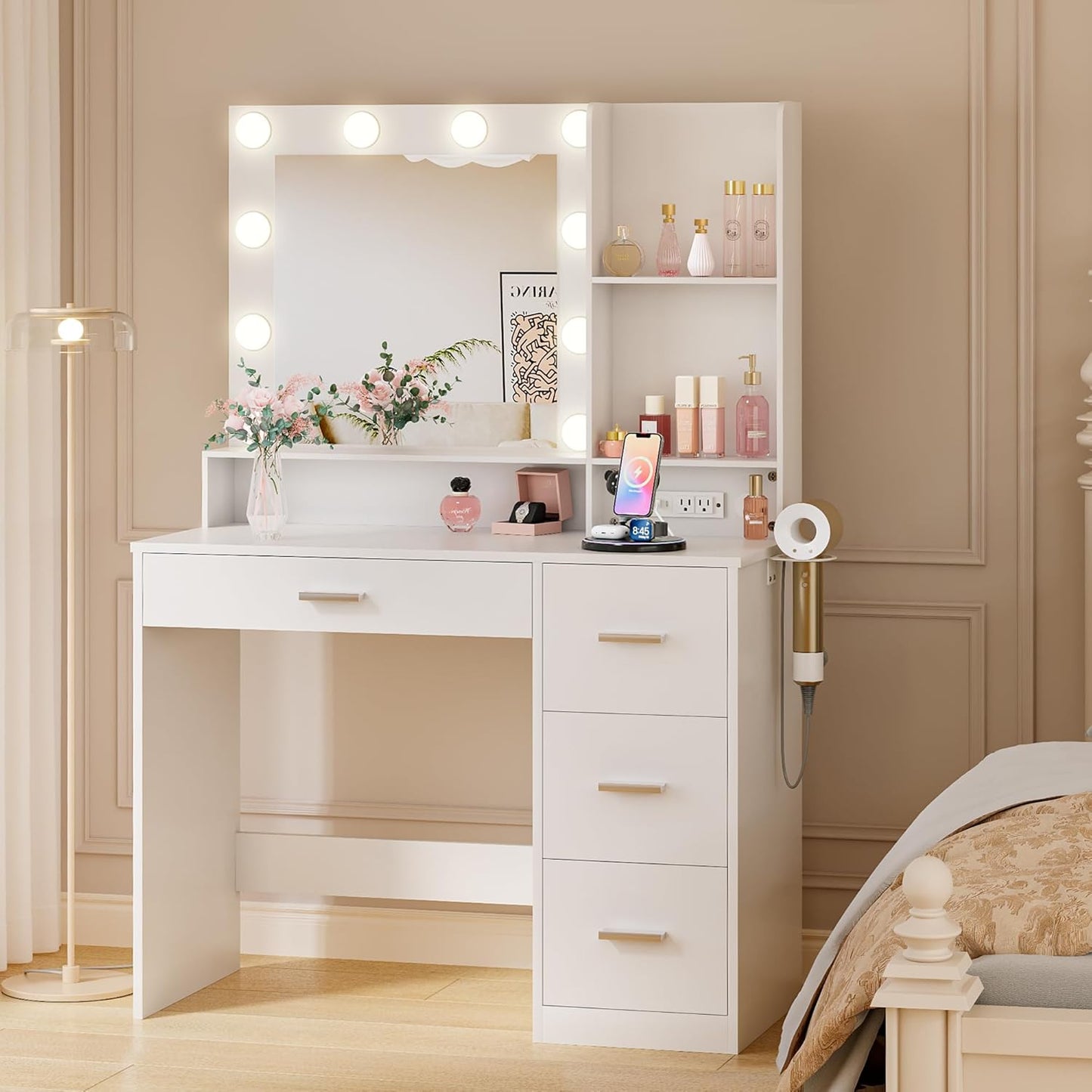 JUMMICO 39in Vanity Desk with Mirror & Power Outlet for Makeup