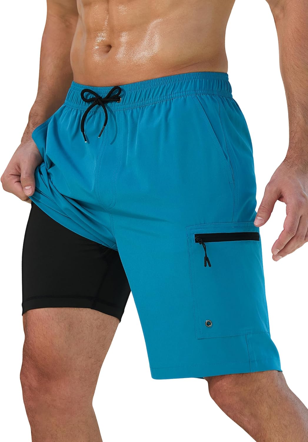 Mens Swim Trunks with Compression Liner and Zipper Pockets