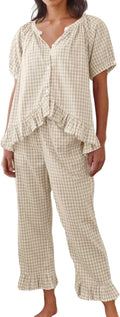 Womens Gingham Pajama Set - Short Sleeve Babydoll Top & Wide Leg Pants