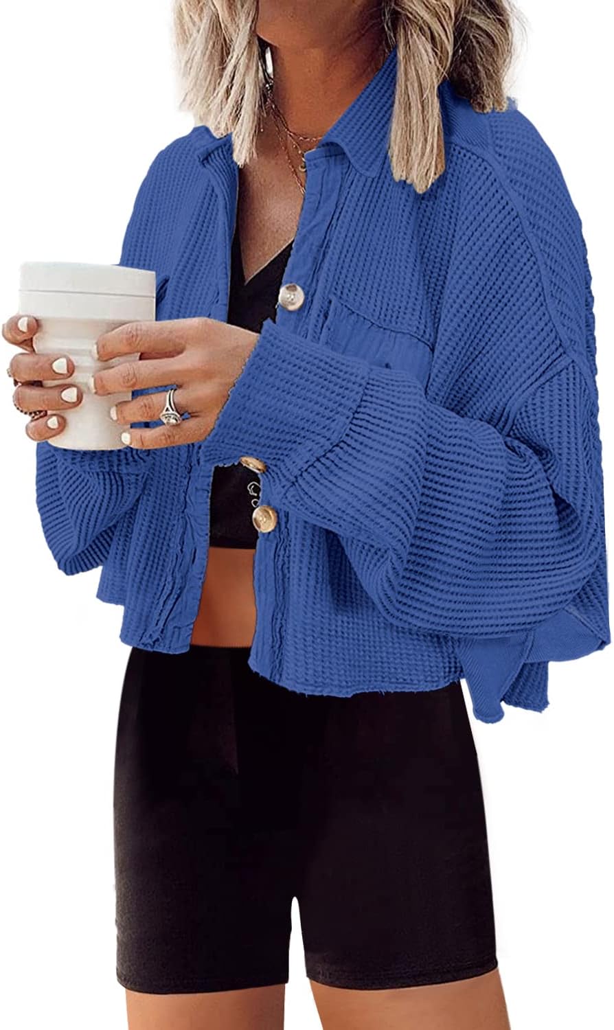 Cropped Waffle Knit Shacket for Women - Stylish and Comfy