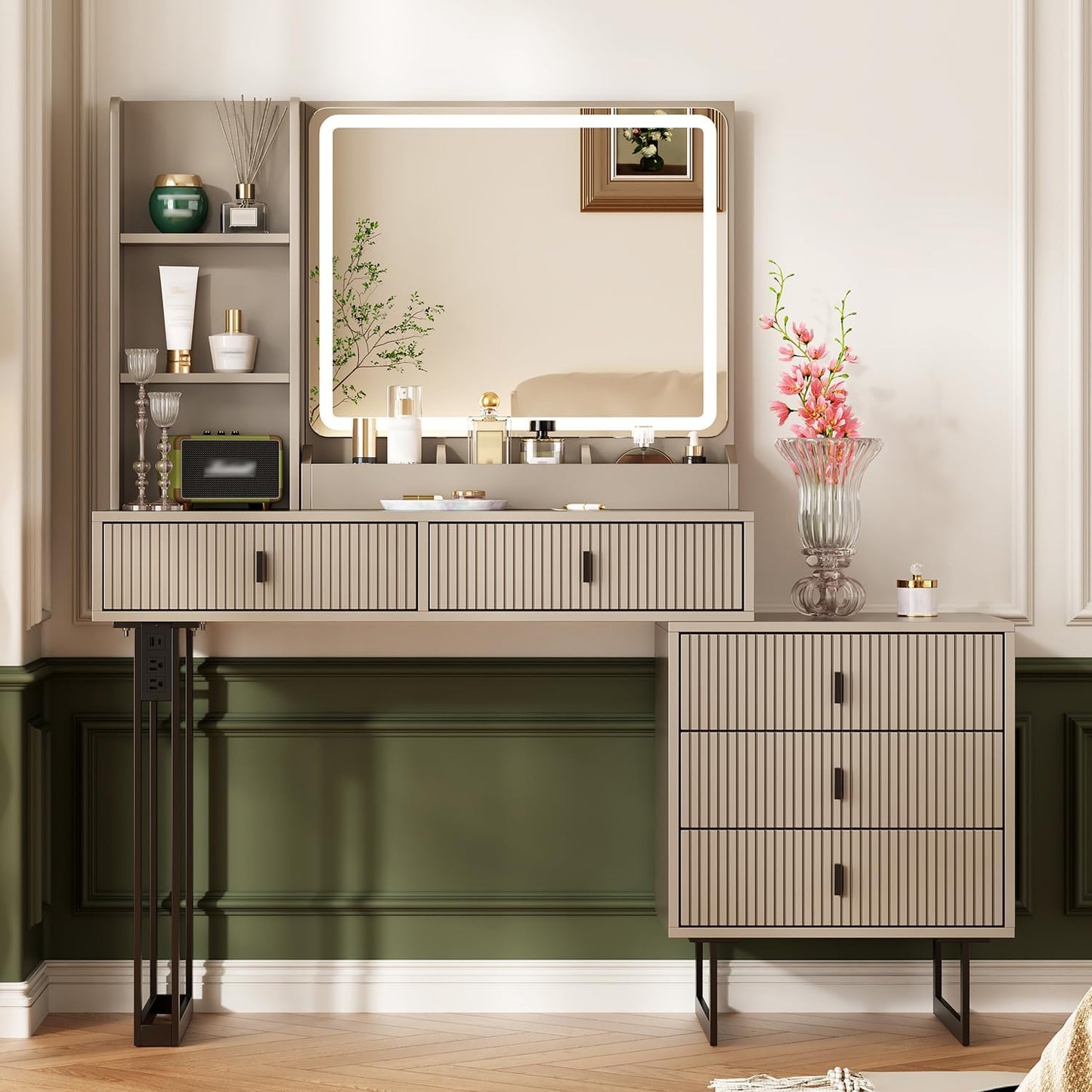 Large Vanity Desk with Touch Screen Mirror and Storage Drawers