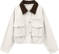 Womens Cropped Jacket Contrast Collar Utility Cargo Coat - Versatile