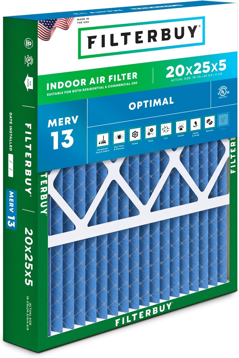Filterbuy 20x25x5 Air Filter MERV 13 for Optimal Smoke Defense