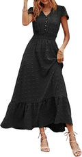 Womens Boho Swiss Dot Maxi Dress - Flowy V Neck Ruffle Tiered
