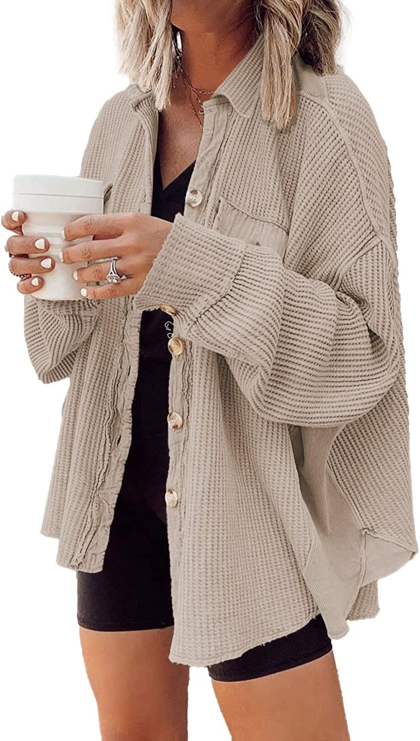 Waffle Knit Shacket for Women - Lightweight Oversized Button Down