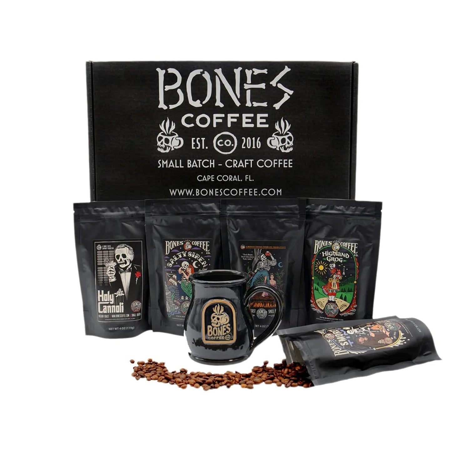 Bones Coffee Company Favorite Flavors Sample Pack with Mug
