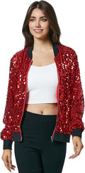 Women's Sequin Zipper Bomber Jacket - Long Sleeve Ribbed Trim