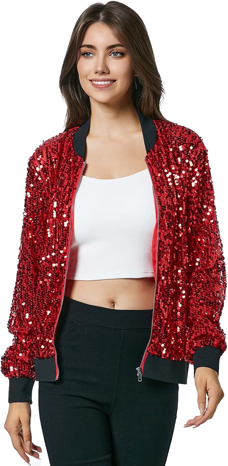 Womens Long Sleeve Sequin Open Front Zipper Jacket for Style