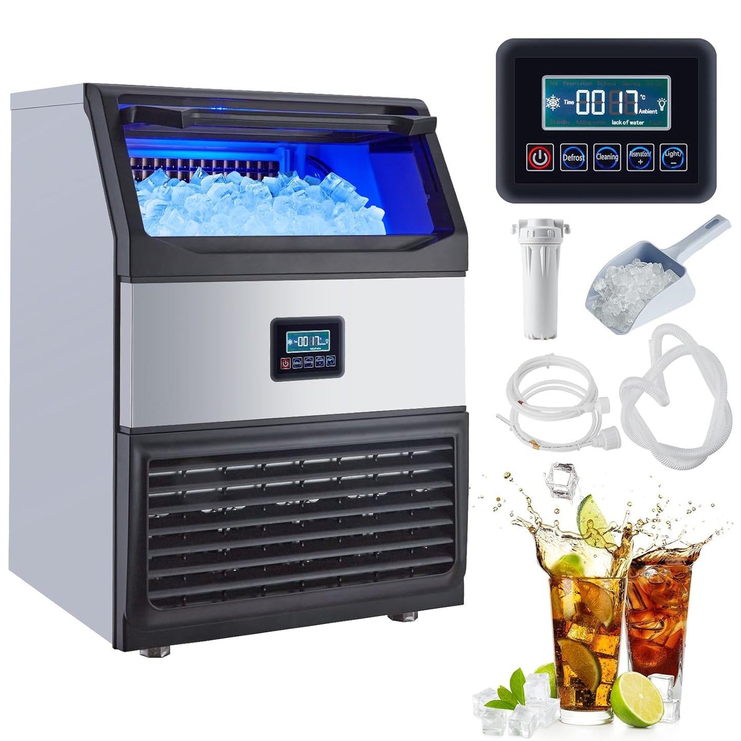 200lbs/24H Stainless Steel Ice Maker - Fast Ice, Ample Storage
