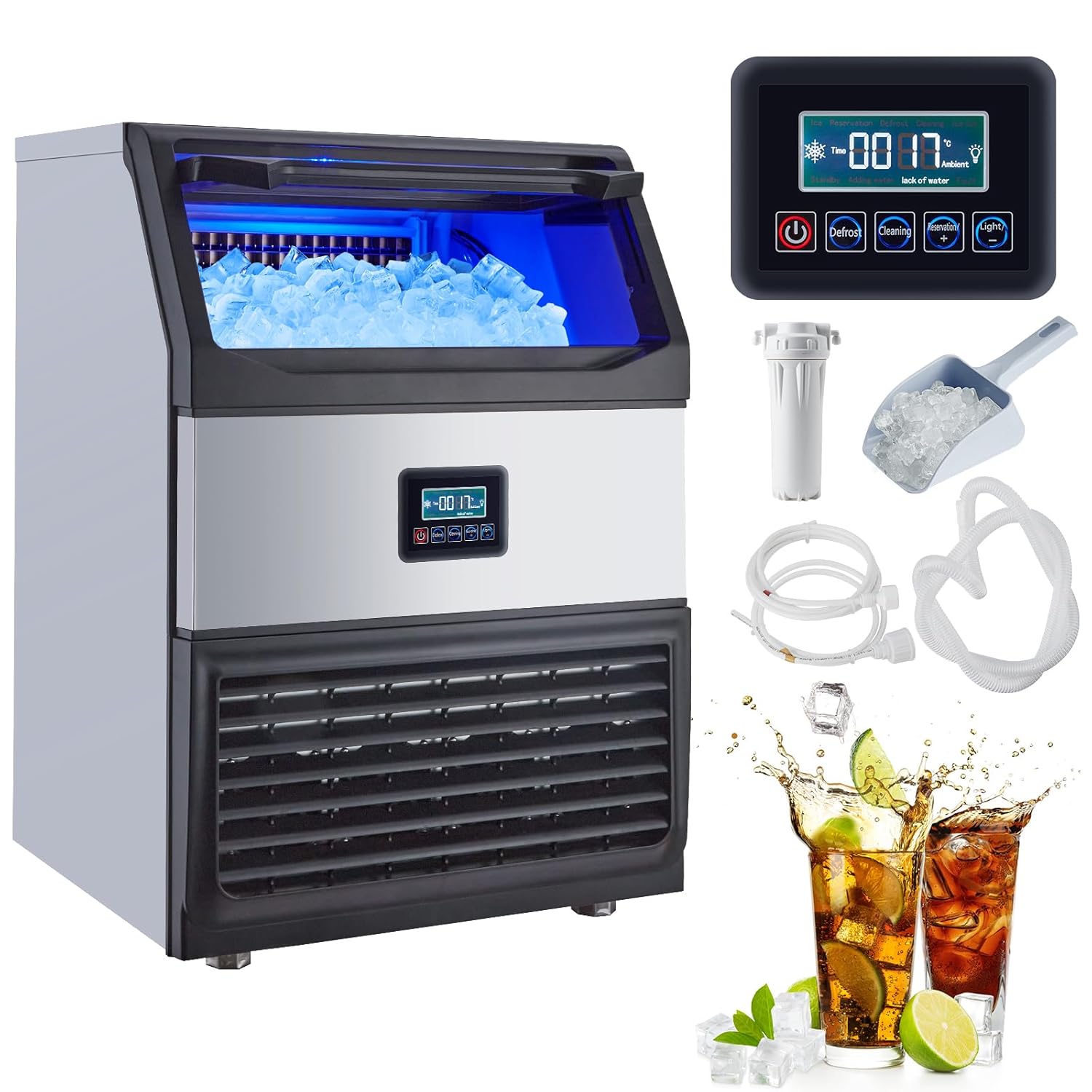 200lbs/24H Stainless Steel Ice Maker - Fast Ice, Ample Storage