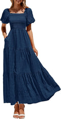 PRETTYGARDEN Puff Sleeve Maxi Dress Square Neck - Flowy Summer Fit