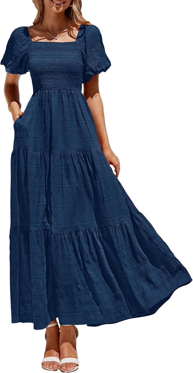PRETTYGARDEN Womens Summer Puff Sleeve Maxi Dress for Beach