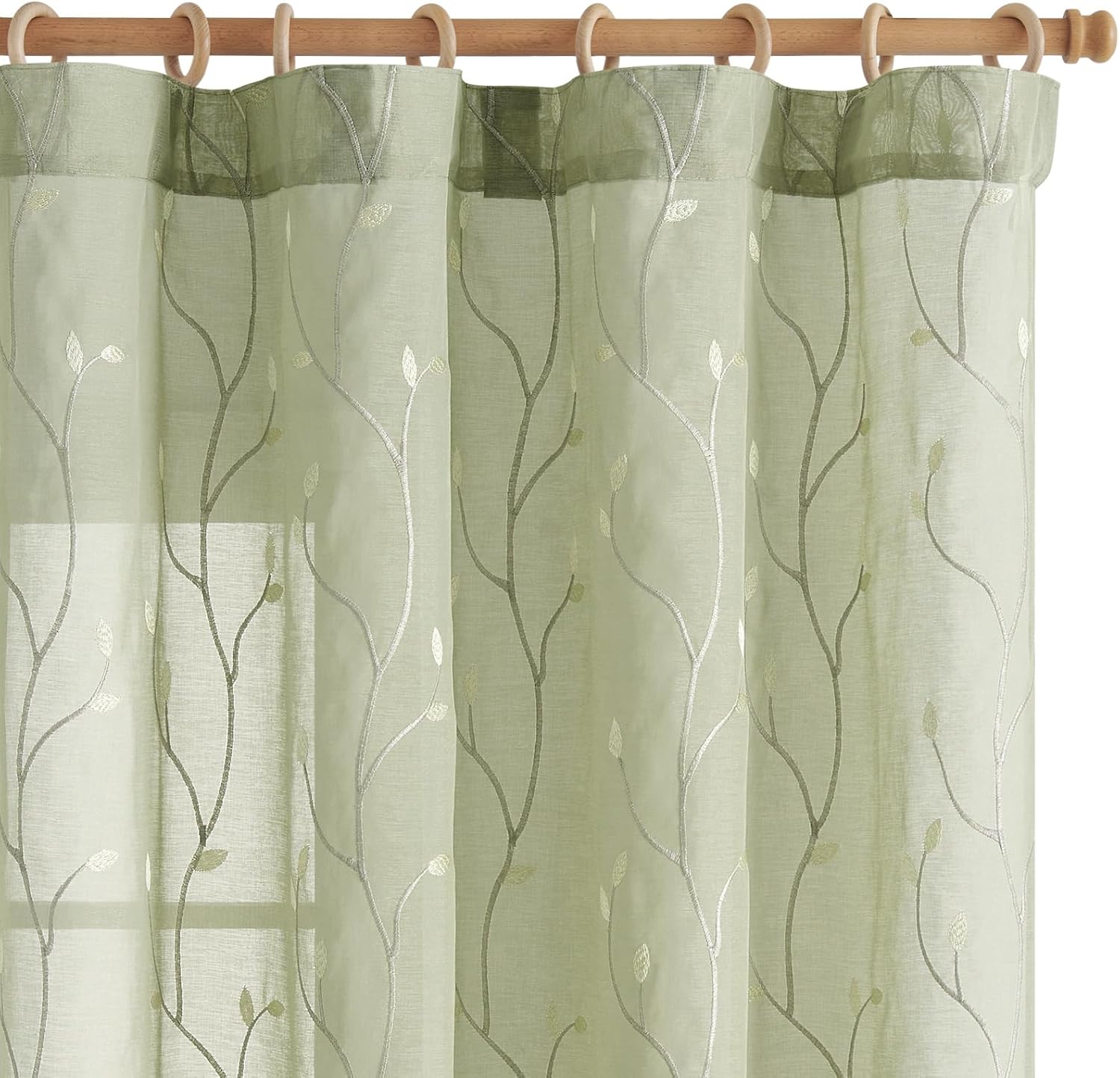 Green Sheer Curtains for Bedroom with Leaf Embroidery Design