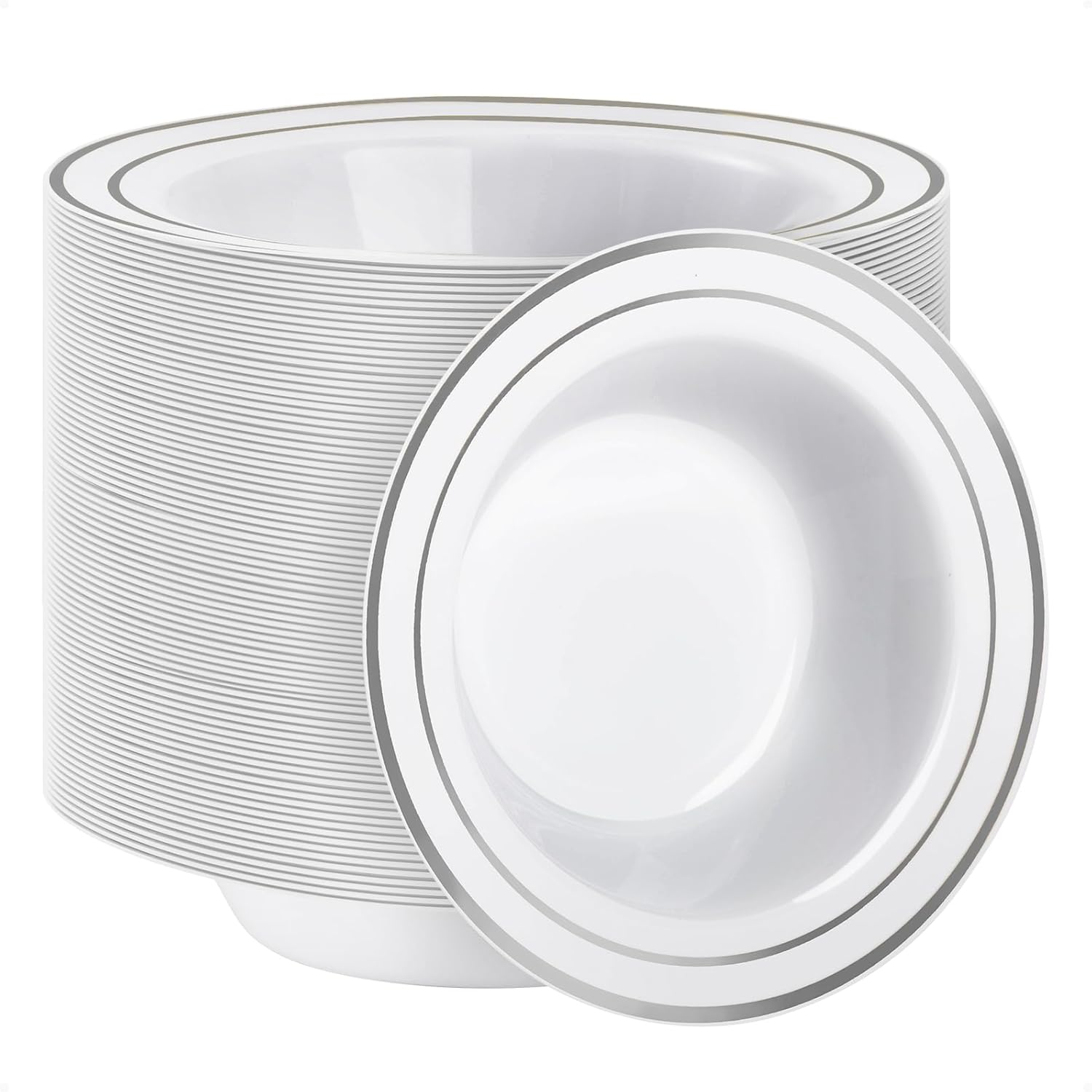 Elegant 12oz Disposable Soup Bowls with Silver Rim for Events