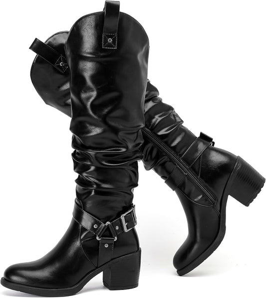 Stylish Women's Slouchy Knee High Boots with Chunky Heel