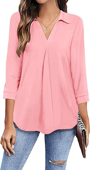 Newchoice Womens Collared V Neck 3/4 Sleeve Shirts for Work