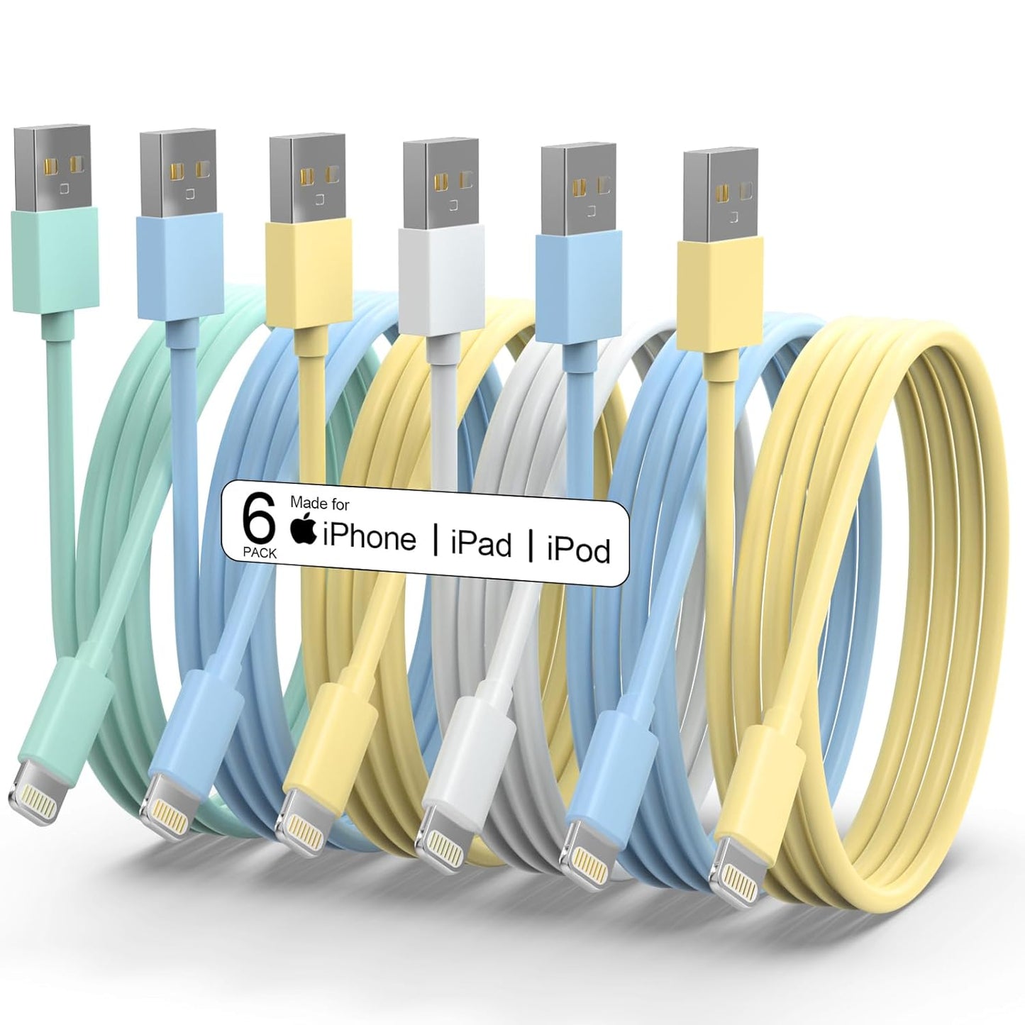 6-Pack MFi Certified Lightning Cables - Fast Charging, Durable Soft Silicone, Bright Colors
