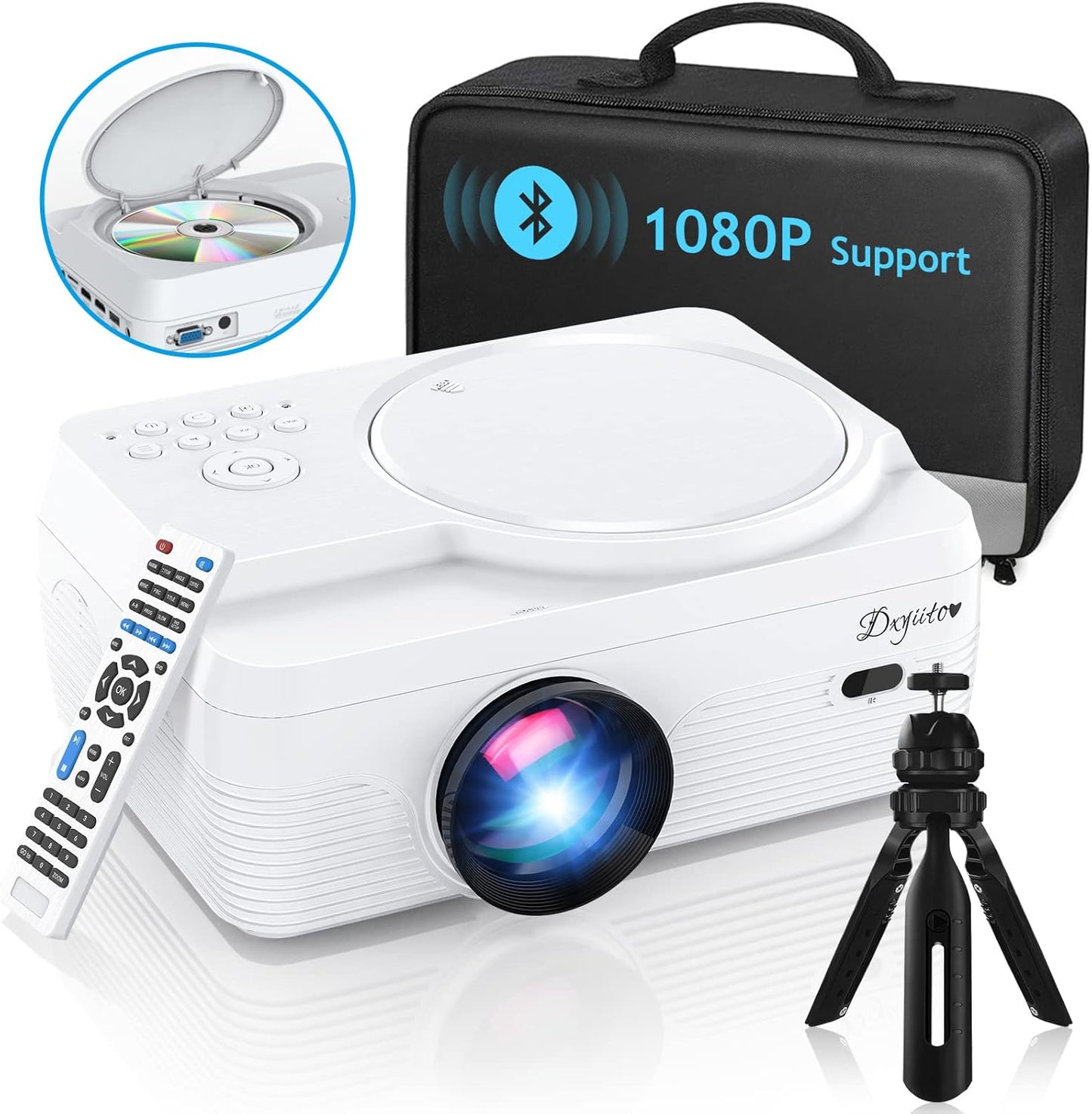 Portable Full HD Bluetooth Projector with Built-In DVD Player - Outdoor Movies Made Easy!