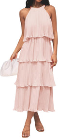 Women's Chiffon Halter Tiered Ruffle Midi Dress - Flowy Summer