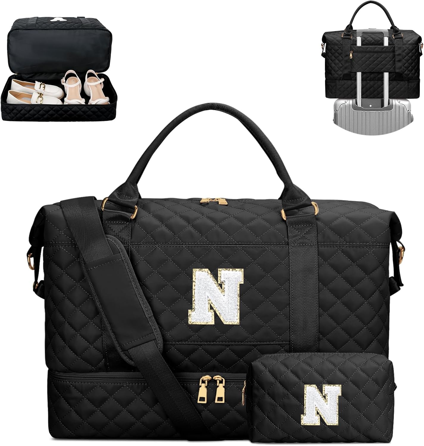 Stylish Initial Travel Duffle Bag with Cosmetic Bag for Women