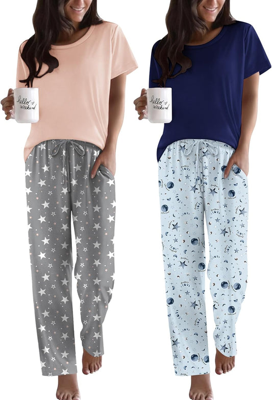 Ekouaer 2 Pack Pajamas for Women Soft Printed Sleepwear Set