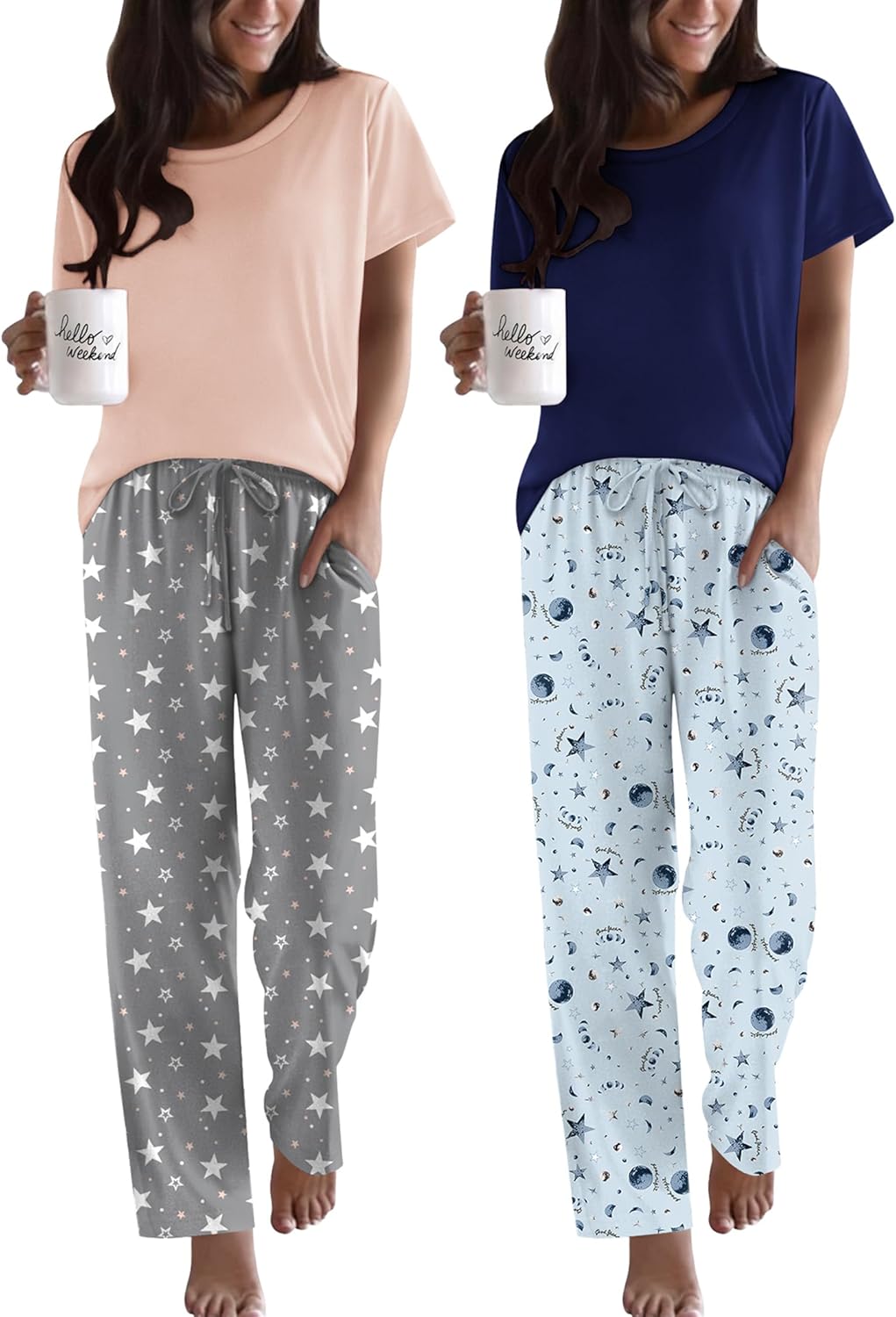 Ekouaer 2 Pack Pajamas for Women Soft Printed Sleepwear Set