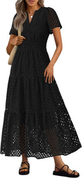 Womens 2025 Eyelet Maxi Dress V Neck Short Sleeve - Flowy Beachwear