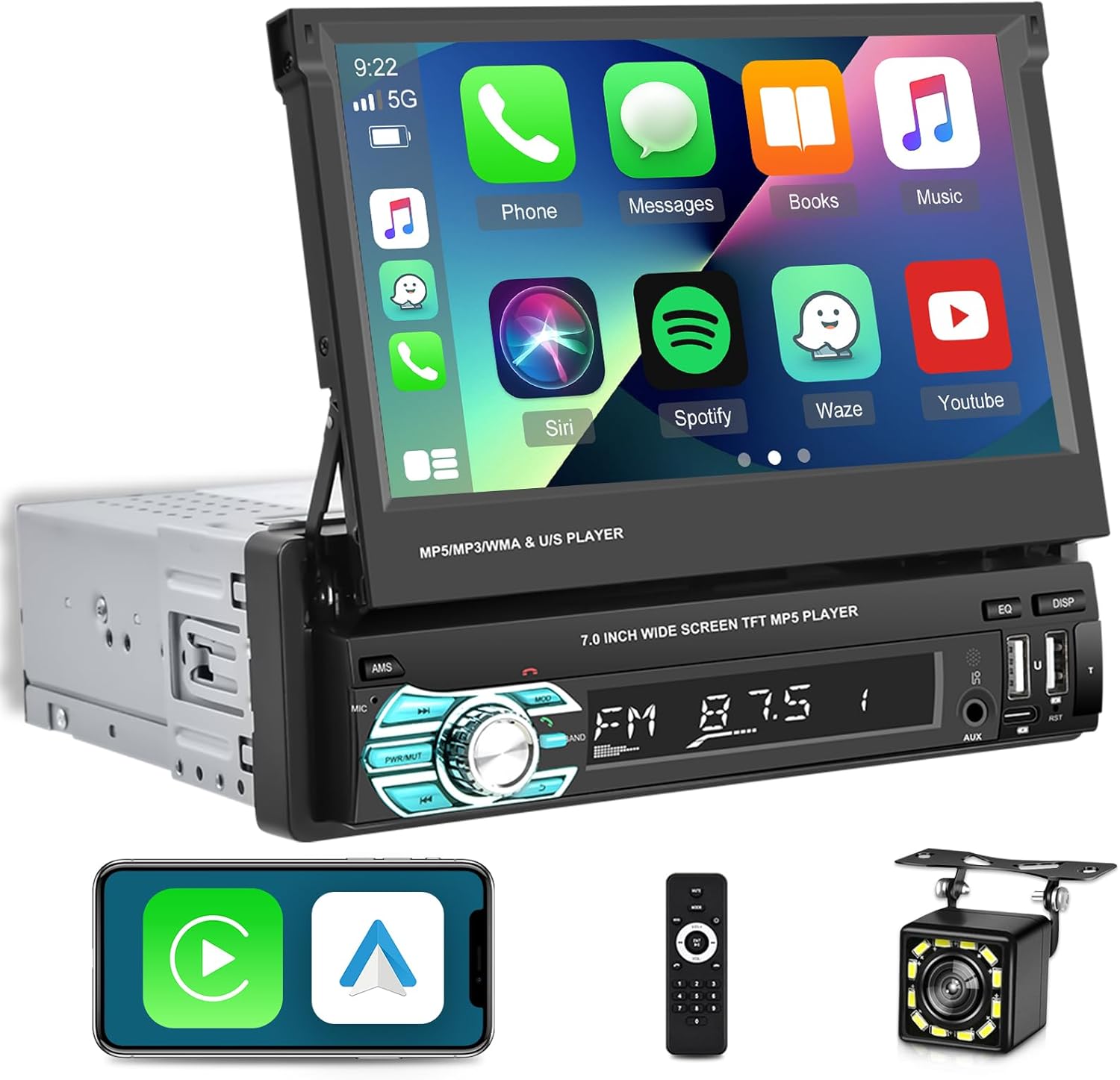Single Din Flip Out Screen Car Stereo with Wireless Carplay
