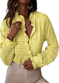 Astylish Womens Plaid Ruffle V Neck Button Down Blouse - Versatile