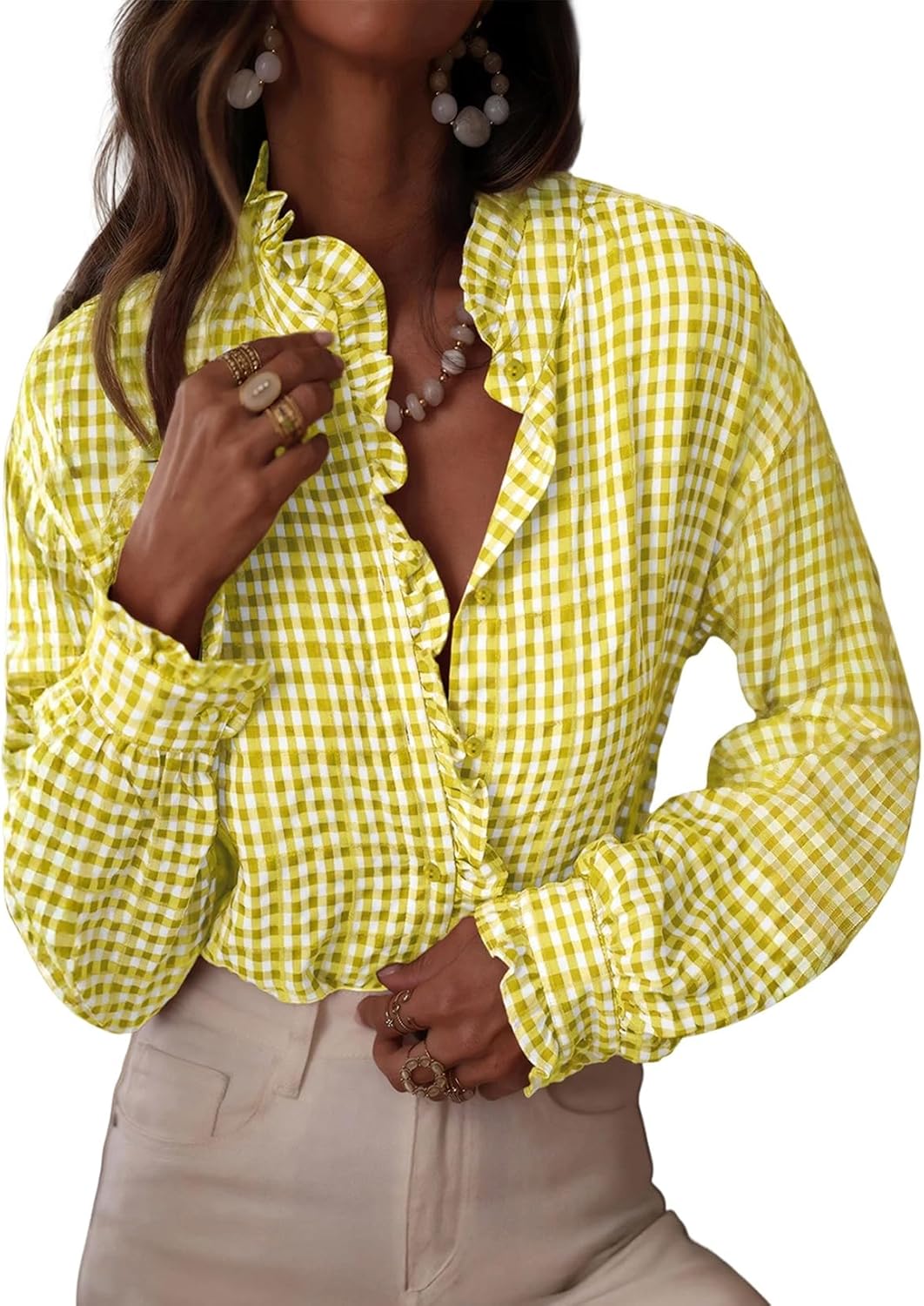 Astylish Womens Plaid Ruffle V Neck Blouse for Casual Style