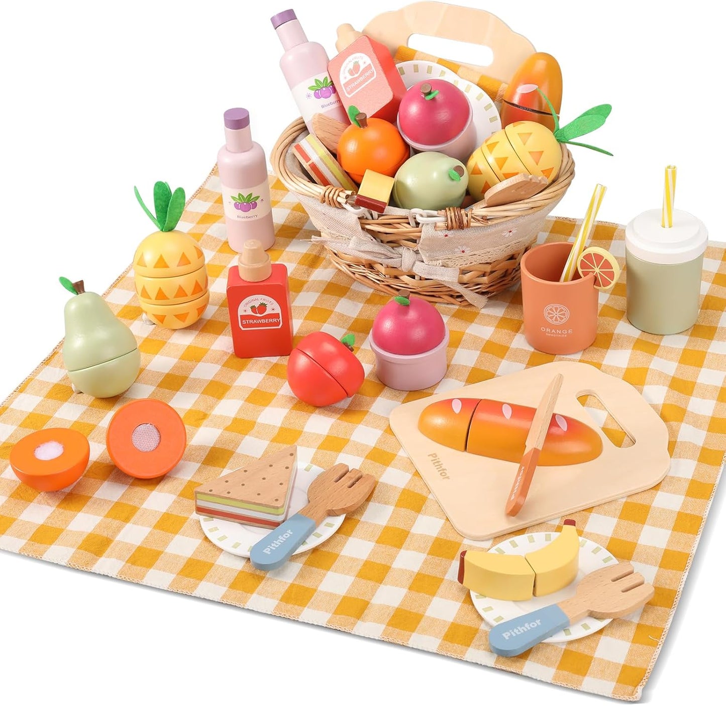 Wooden Play Food Set for Kids Kitchen - Picnic Playset Fun