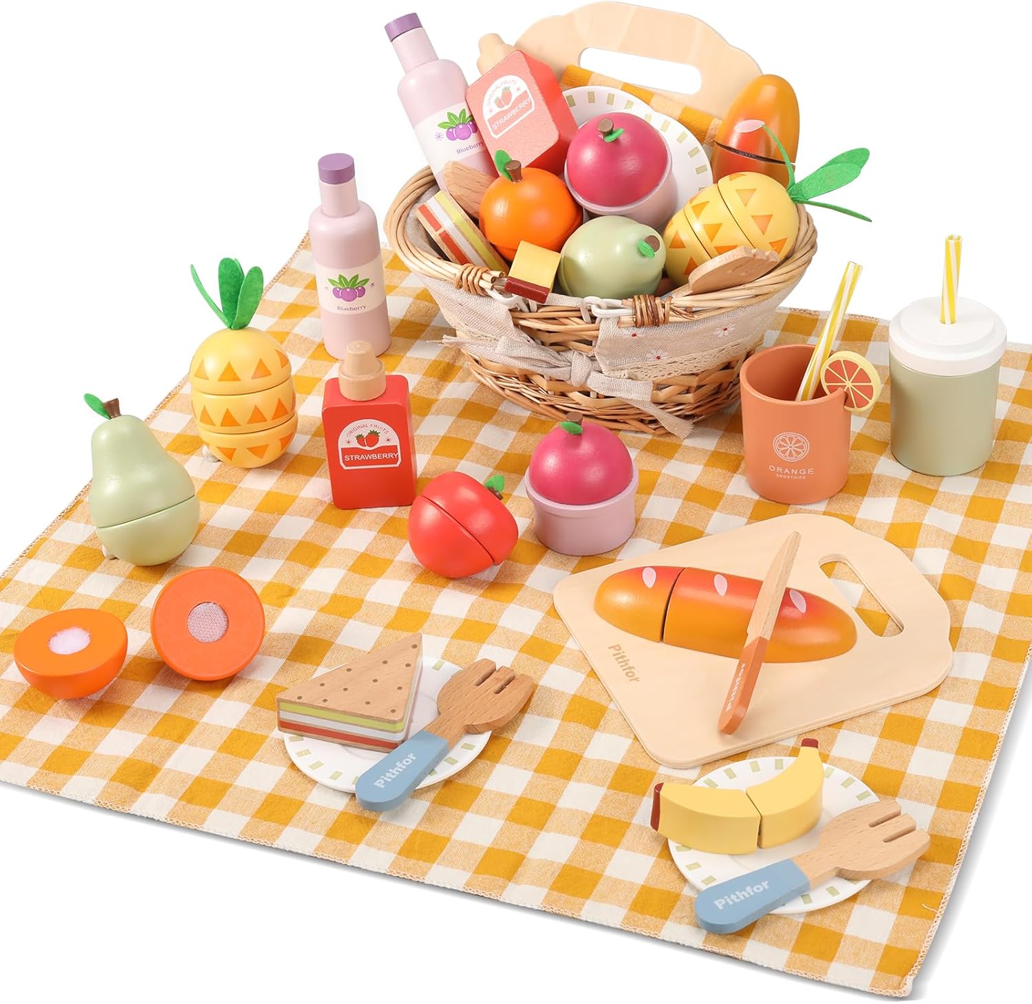 Wooden Play Food Set for Kids Kitchen - Picnic Playset Fun