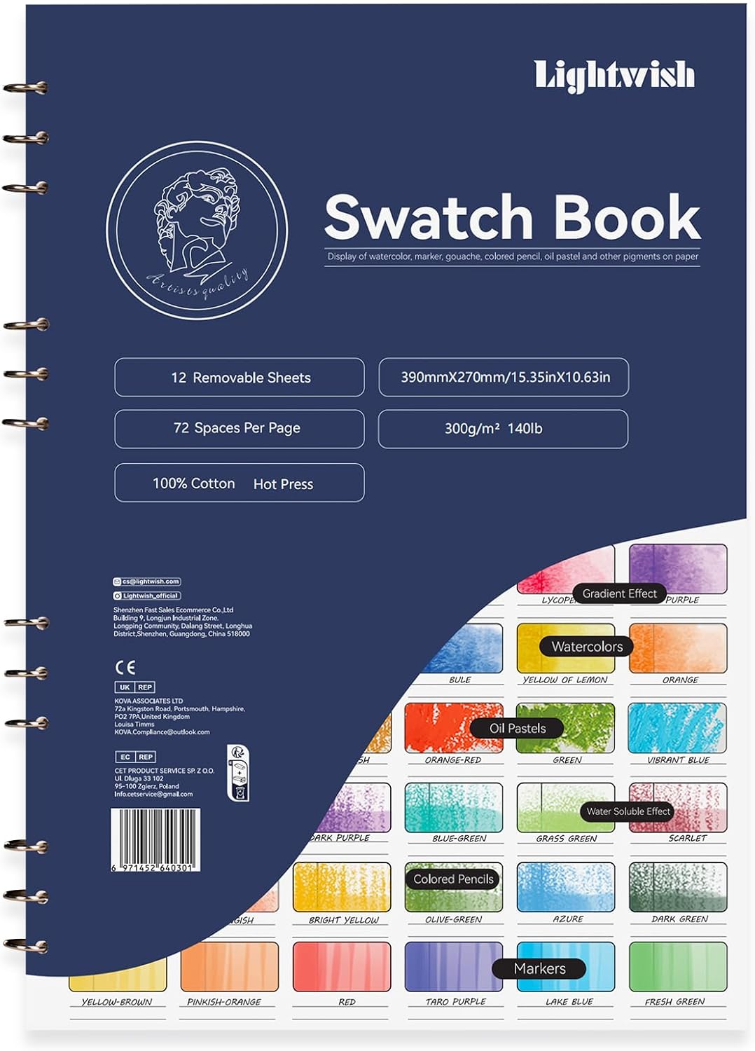 Lightwish Watercolor Swatch Book for Artists - 12 Detachable Sheets