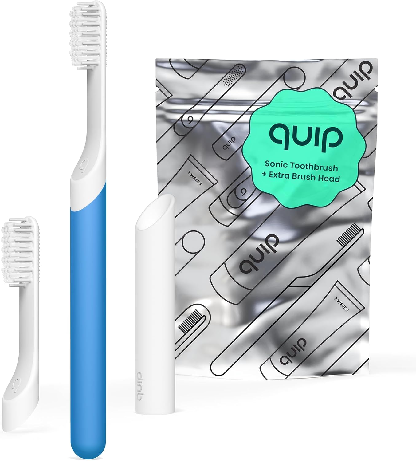 Quip Sonic Toothbrush for Adults - Timer, Extra Head, Travel Cover - Blue