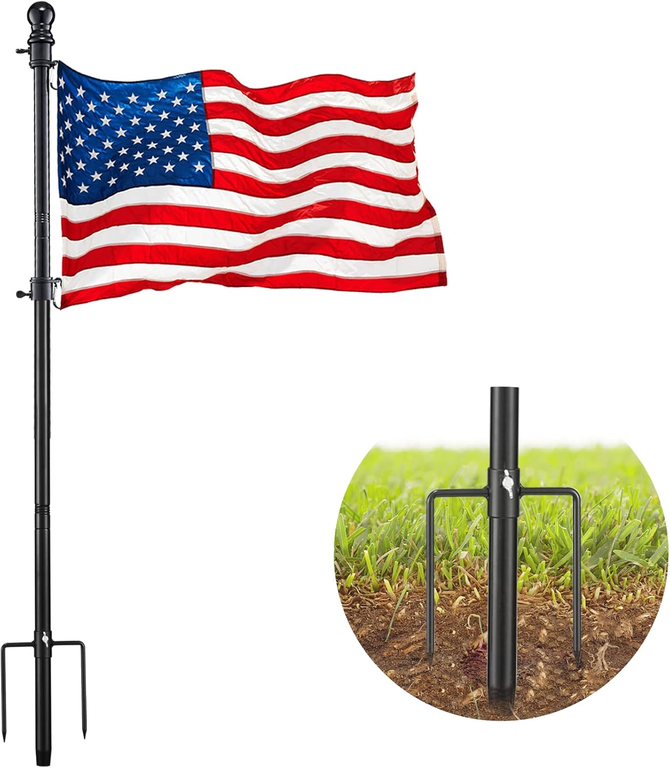 Durable 8FT Black Flag Pole Kit with American Flag for Yard