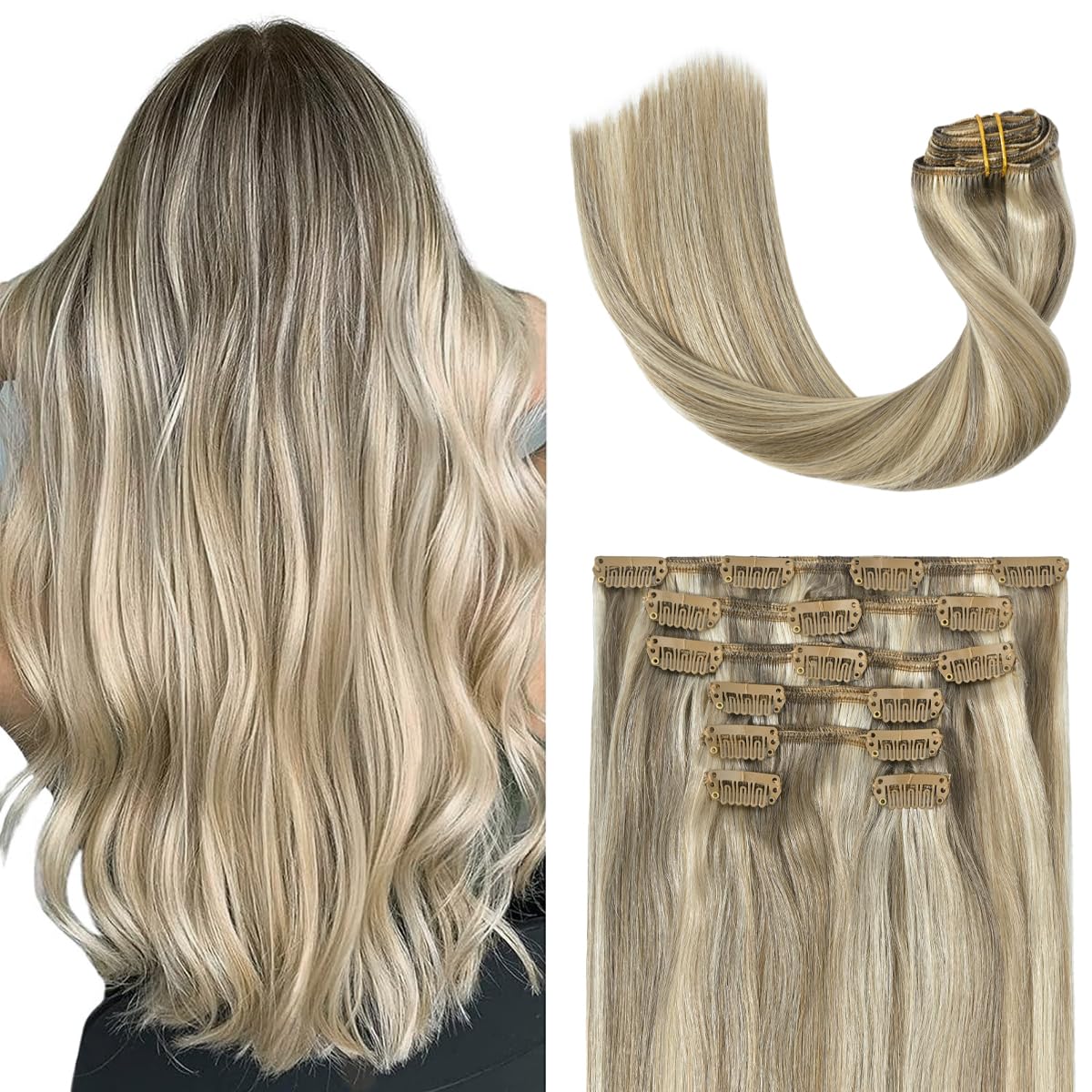 Clip in Hair Extensions Real Human Hair 20in Ash Blonde 70g