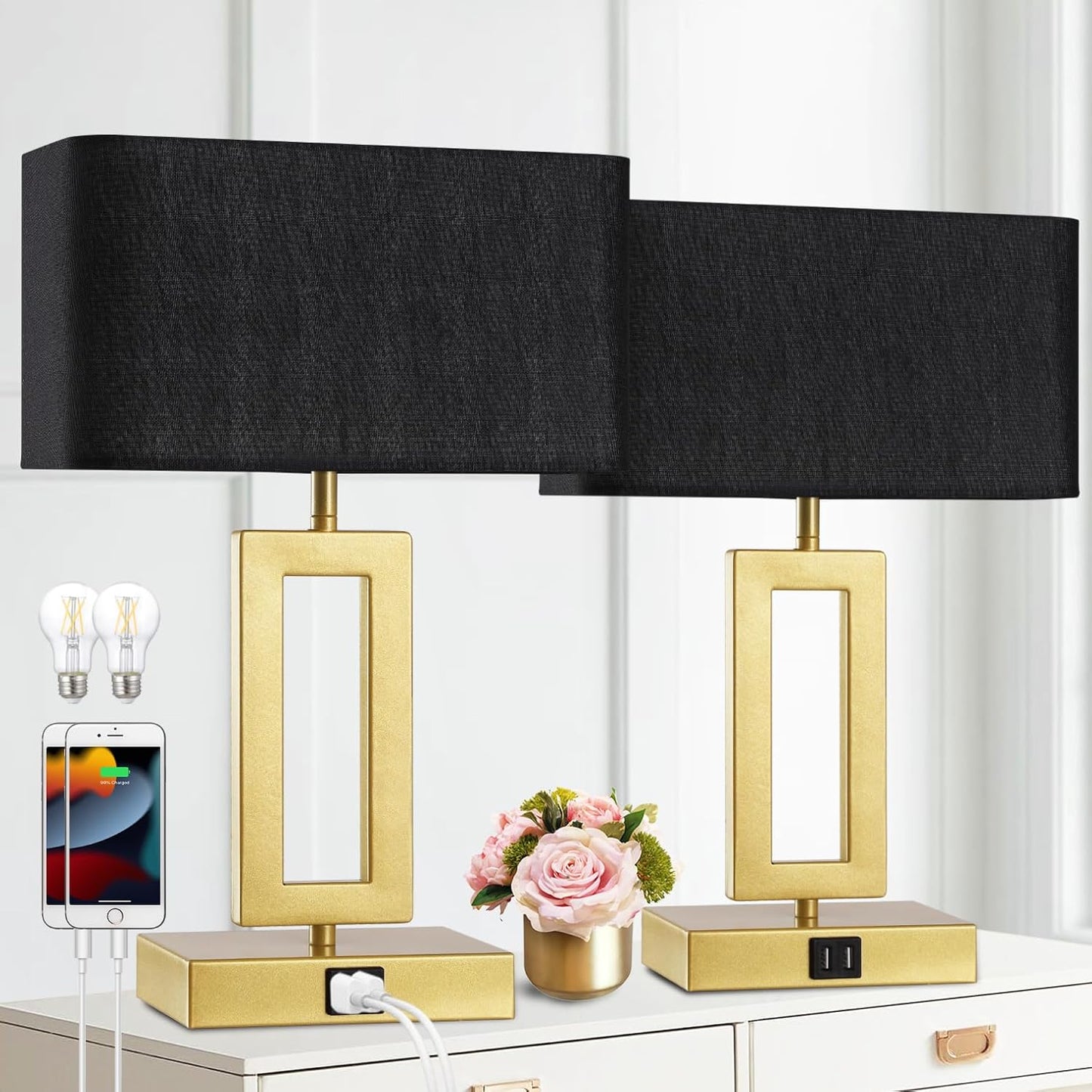 Modern Black Table Lamps Set of 2 with USB Ports and Dimming